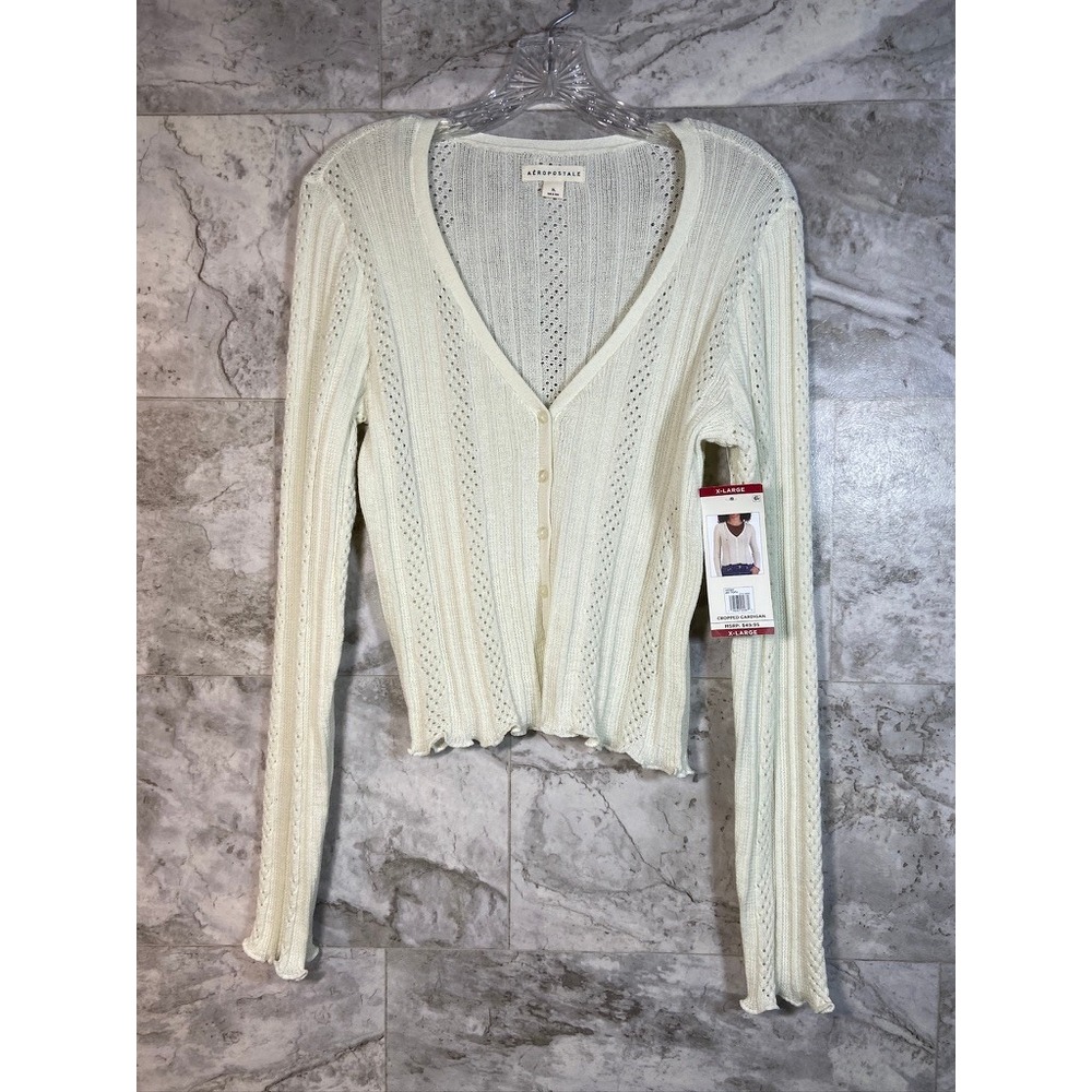 Aeropostale Womens Cream Cropped Cardigan Sweater XL Lace Detail Button Front